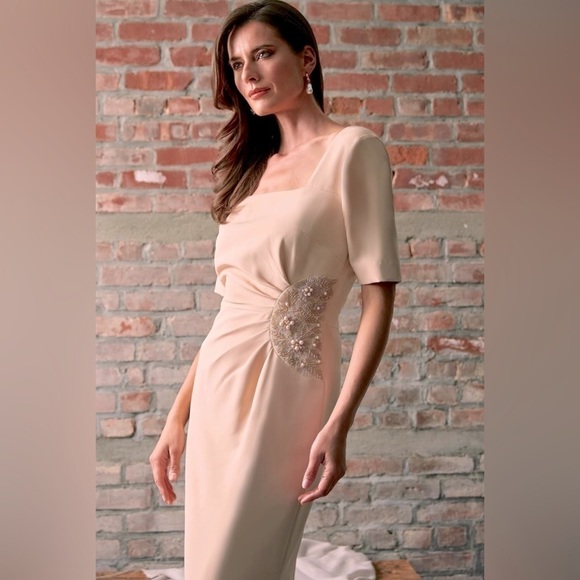 JS Collections Ashley Draped Column Gown in Champagne - Picture 2 of 16